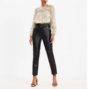 Loft Belted Slim Taper Pants in Faux Leather Black Size 4